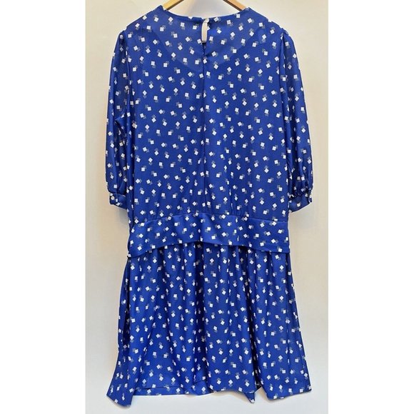 VINTAGE BOHO RETRO MOD 70s SUE BRETT GEOMETRIC SLEEVE DRESS BLUE SIZE L XL - Picture 2 of 6